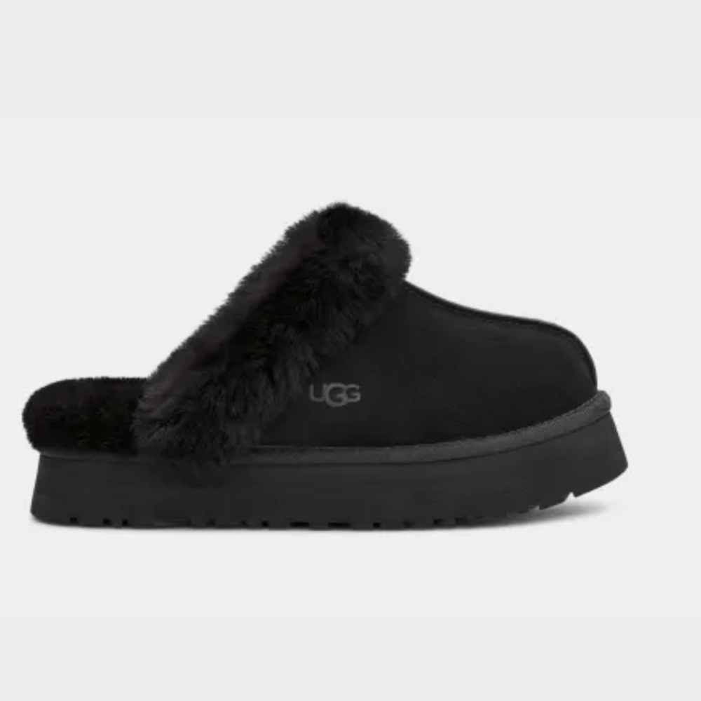 UGG DISQUETTE SHEEPSKIN PLATFORM SLIPPERS -BLACK SUEDE -WOMEN’S US 7 -NEW